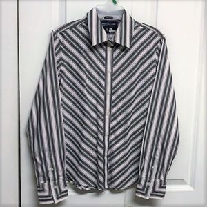 Jones Multi Color Stripe Collar Long Sleeve Cotton Button Up Top Size PS